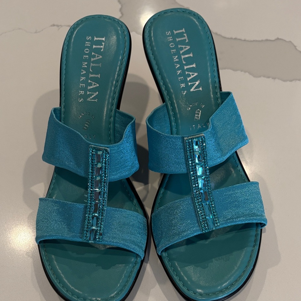Italian Shoemakers Aqua Sandals with Gem Accents